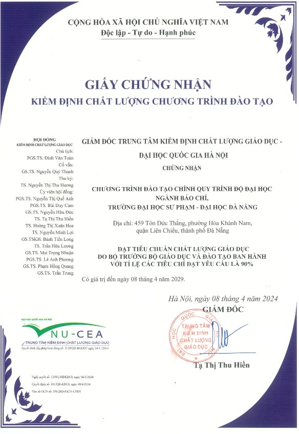 NGÀNH BÁO CHÍ NHẬN GIẤY CHỨNG NHẬN KIỂM ĐỊNH CHẤT LƯỢNG ĐÀO TẠO